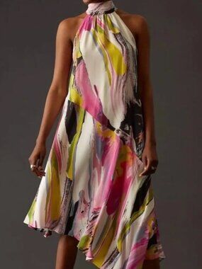 Anthropologie Silk Watercolor Halter A-Line Midi Dress | 1X